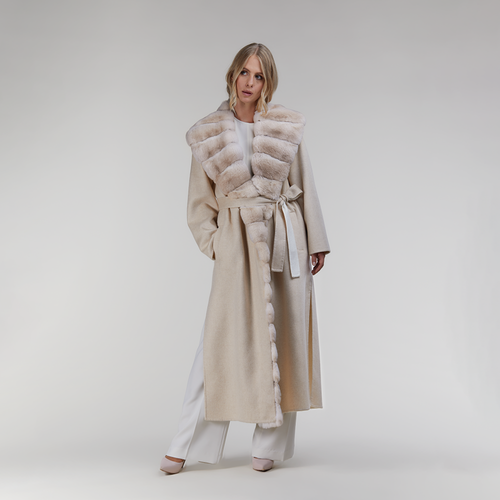 Cappotto lungo in cashmere con ampio collo di cincillà panna 130cm
