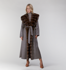 Cappotto lungo in cashmere con ampio collo di zibellino grigio 130cm