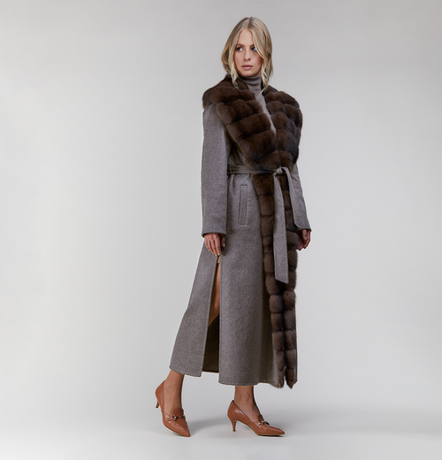 Cappotto lungo in cashmere con ampio collo di zibellino grigio 130cm