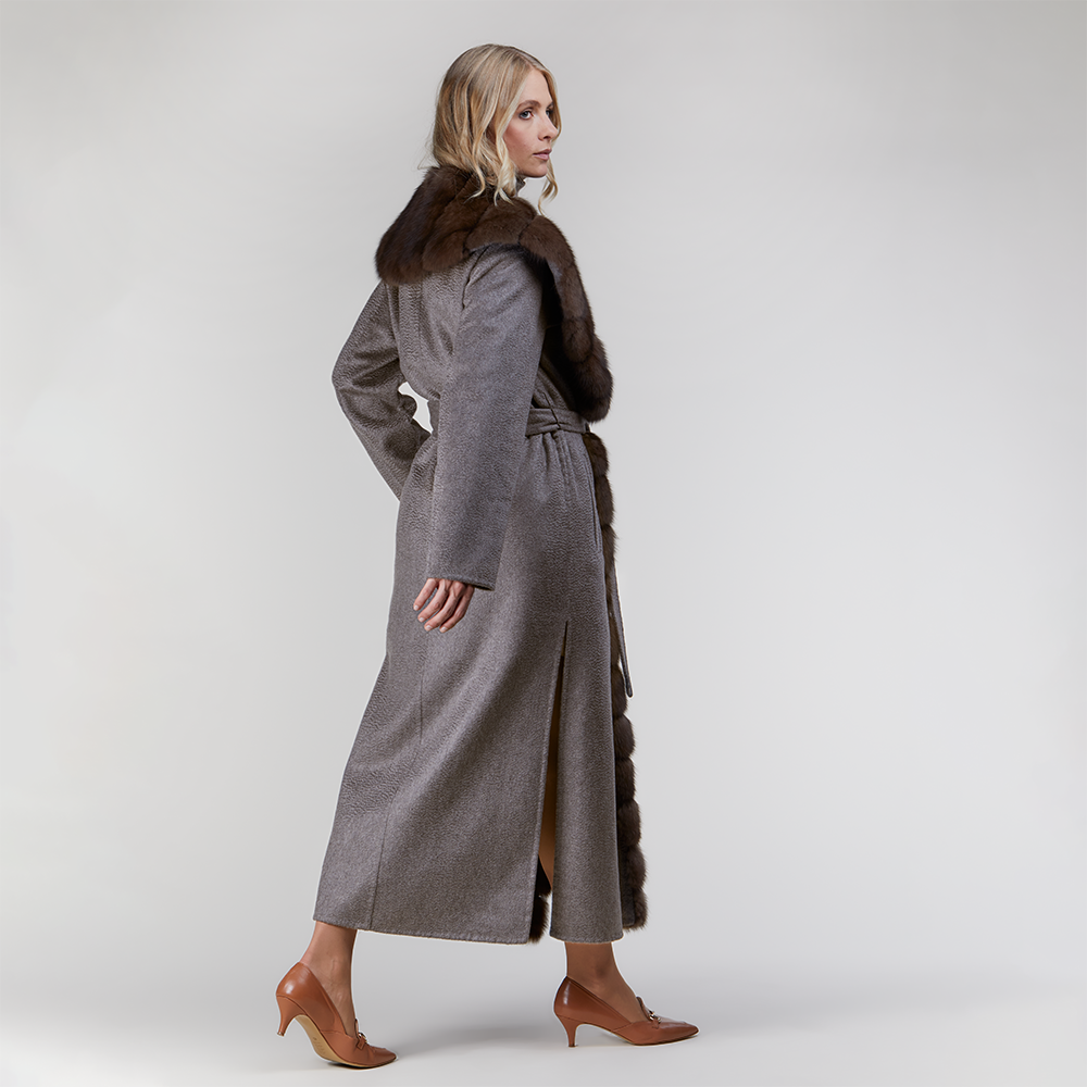 Cappotto lungo in cashmere con ampio collo di zibellino grigio 130cm