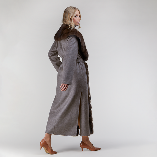 Cappotto lungo in cashmere con ampio collo di zibellino grigio 130cm