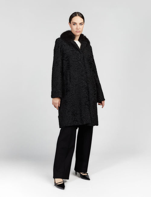 Cappotto al ginocchio in persiano con collo in volpe nero 100cm