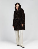 Cappotto al ginocchio in visone con cappuccio e cintura nero 90cm