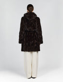 Knee-length mink coat with hood and black belt, 90cm.