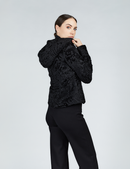 Bomber in persiano con zip e cappuccio nero 55cm