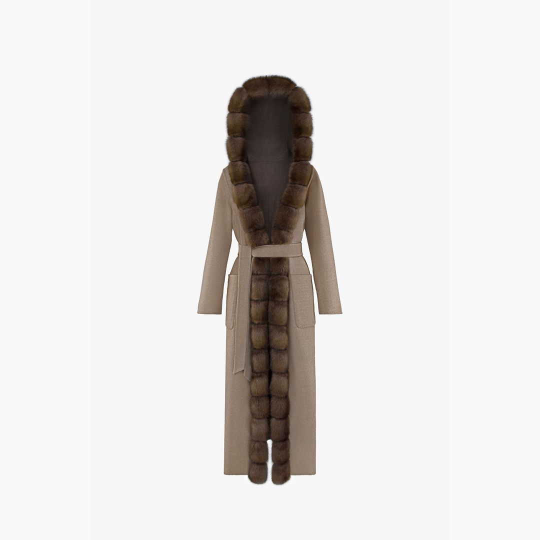 Manteau en cachemire réversible avec capuche et bordures en zibeline boue 130 cm