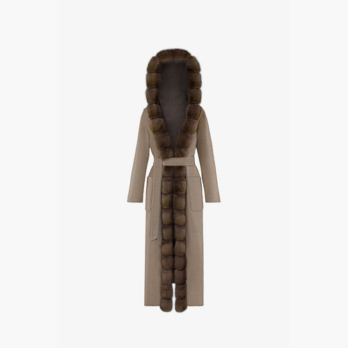 Manteau en cachemire réversible avec capuche et bordures en zibeline boue 130 cm