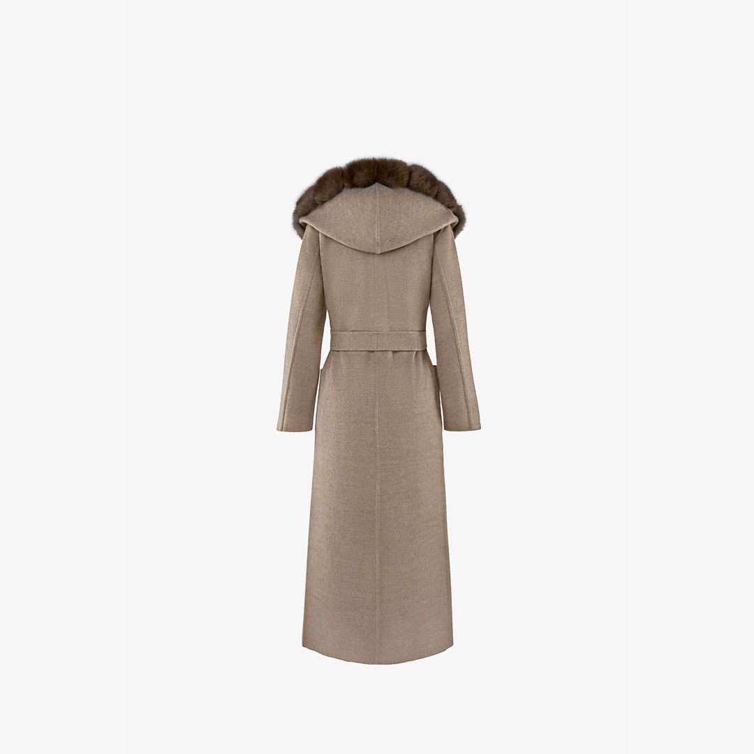 Manteau en cachemire réversible avec capuche et bordures en zibeline boue 130 cm