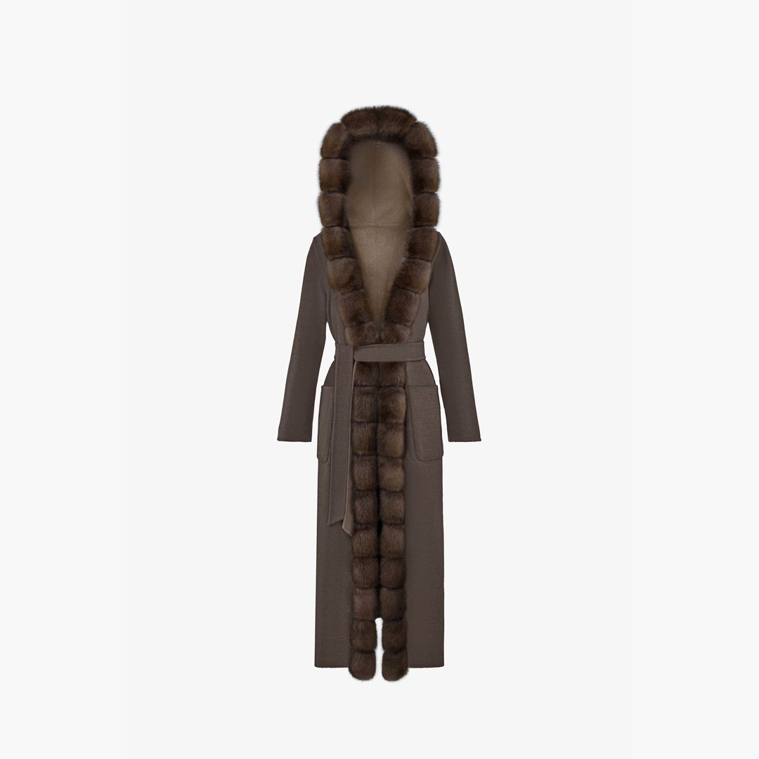 Manteau en cachemire réversible avec capuche et bordures en zibeline boue 130 cm
