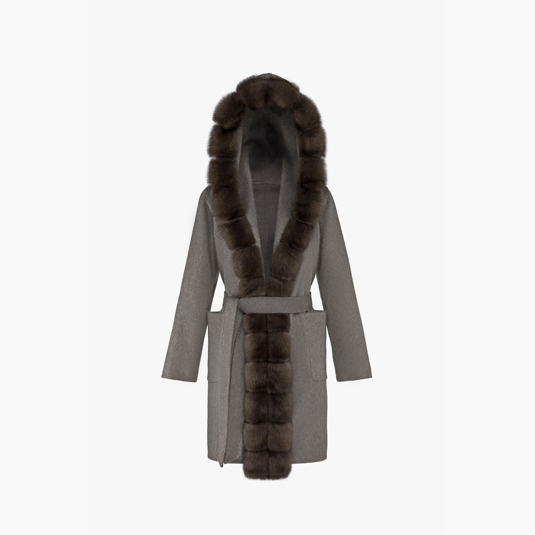 Cappotto corto in cashmere con cappuccio e bordo in zibellino grigio 90 cm