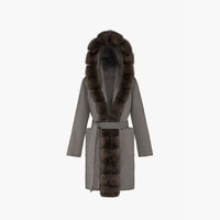 Manteau court en cachemire avec capuche et bordure en zibeline grise de 90 cm