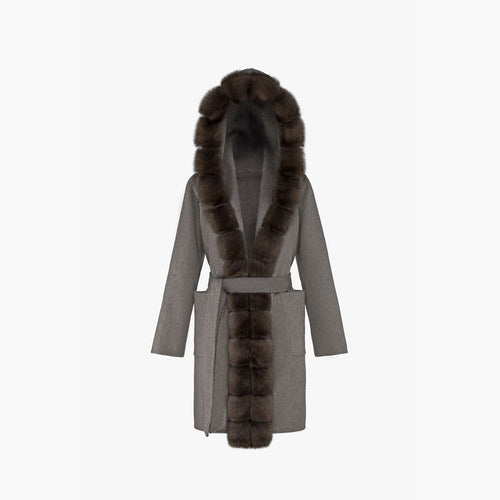 Cappotto corto in cashmere con cappuccio e bordo in zibellino grigio 90 cm
