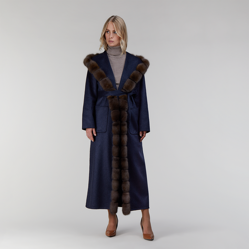 Cappotto in cashmere con cappuccio e bordo in zibellino blu 130 cm