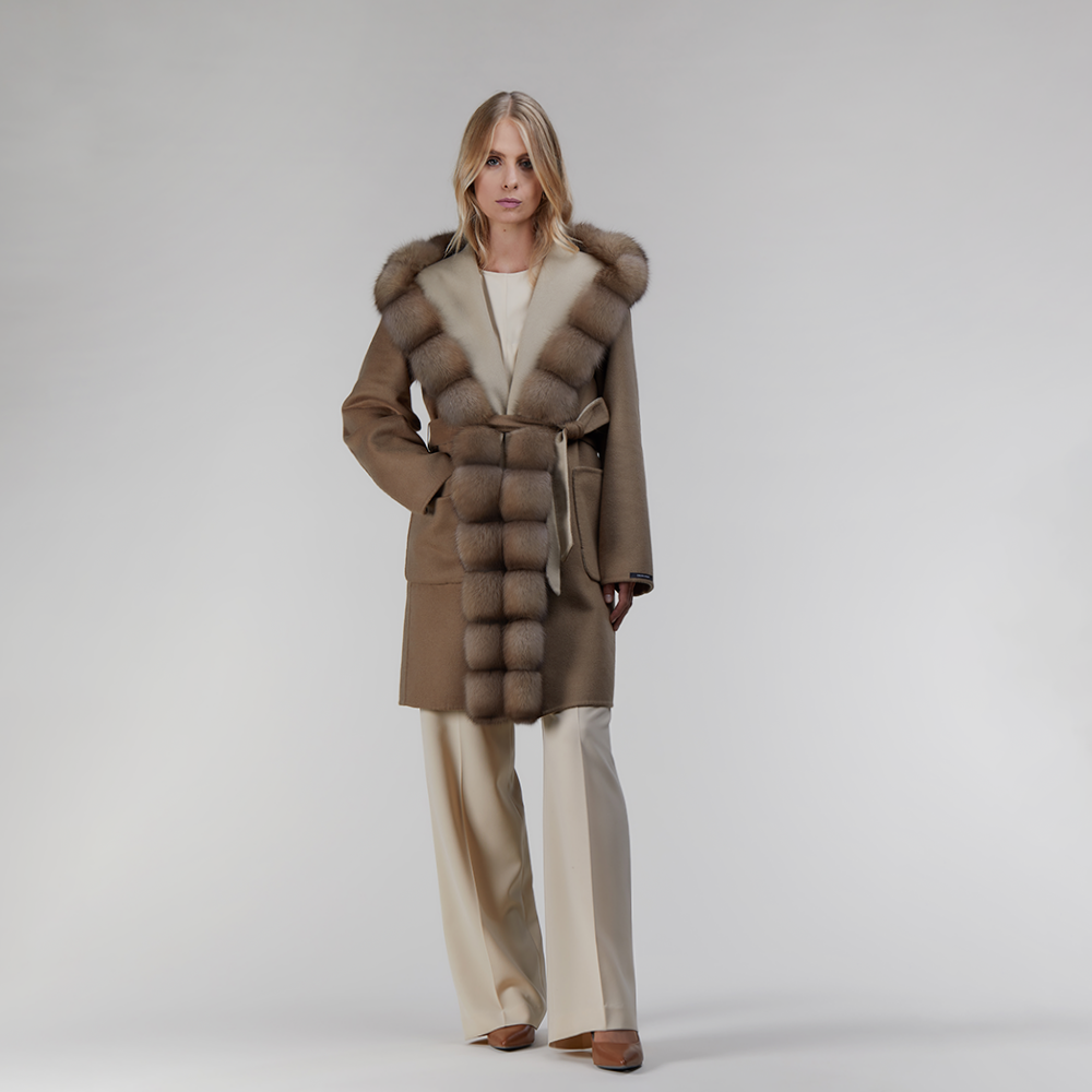 Cappotto corto in cashmere reversibile con cappuccio e bordo in zibellino cammello 90 cm