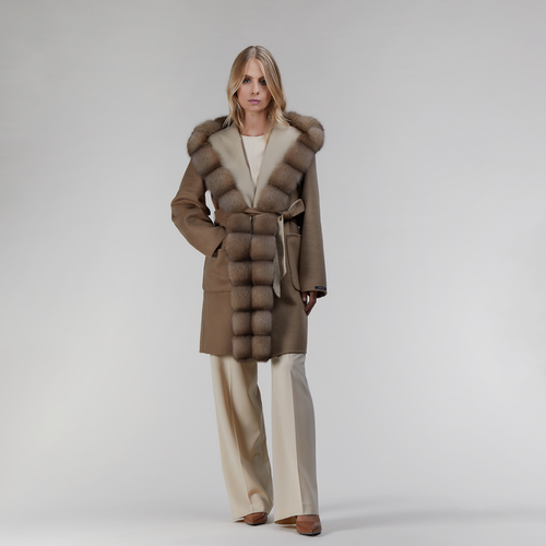 Cappotto corto in cashmere reversibile con cappuccio e bordo in zibellino cammello 90 cm