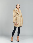 Cappotto in visone, collo inglese, reversibile, palomino, 85 cm