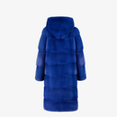 Cappotto lungo di visone con cappuccio blu elettrico 100 cm