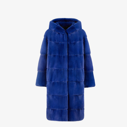 Long mink coat with hood, electric blue, 100 cm