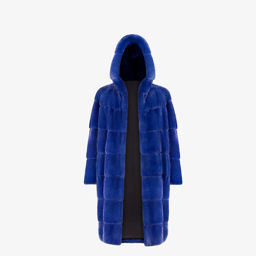 Cappotto lungo di visone con cappuccio blu elettrico 100 cm