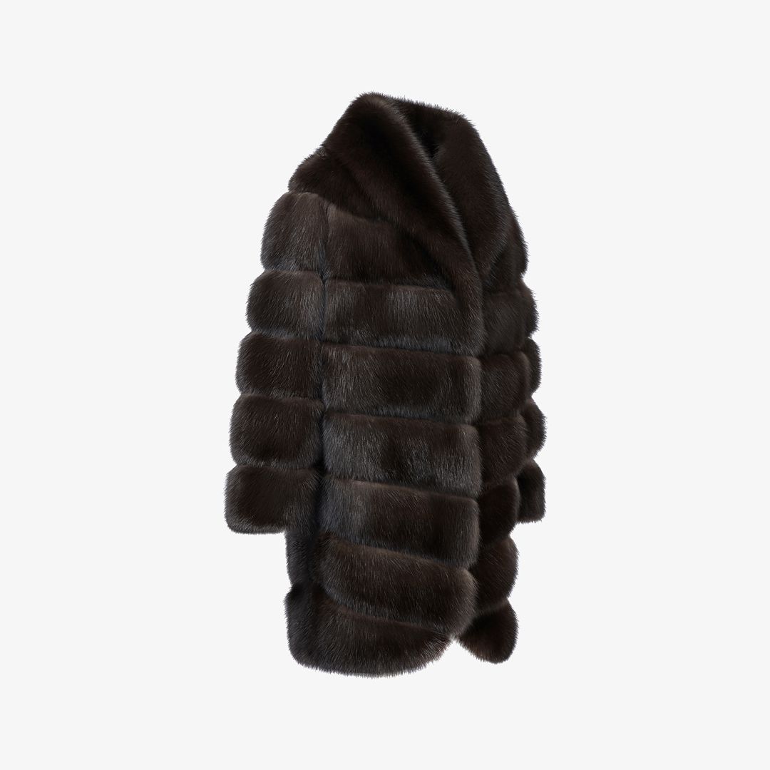 Knee-length sable coat with dark brown English collar, 95 cm.