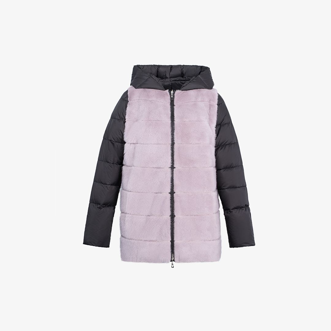 Piumino reversibile in visone con cappuccio rosa 75 cm