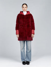 Rex fur reversible down jacket with hood, red color, 85 cm