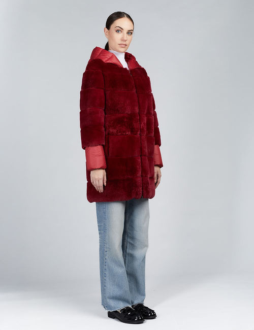 Rex fur reversible down jacket with hood, red color, 85 cm