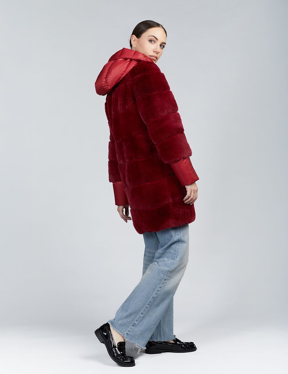 Rex fur reversible down jacket with hood, red color, 85 cm