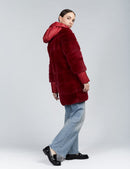 Rex fur reversible down jacket with hood, red color, 85 cm