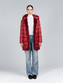 Rex fur reversible down jacket with hood, red color, 85 cm