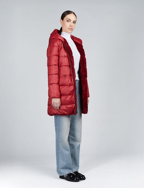 Rex fur reversible down jacket with hood, red color, 85 cm