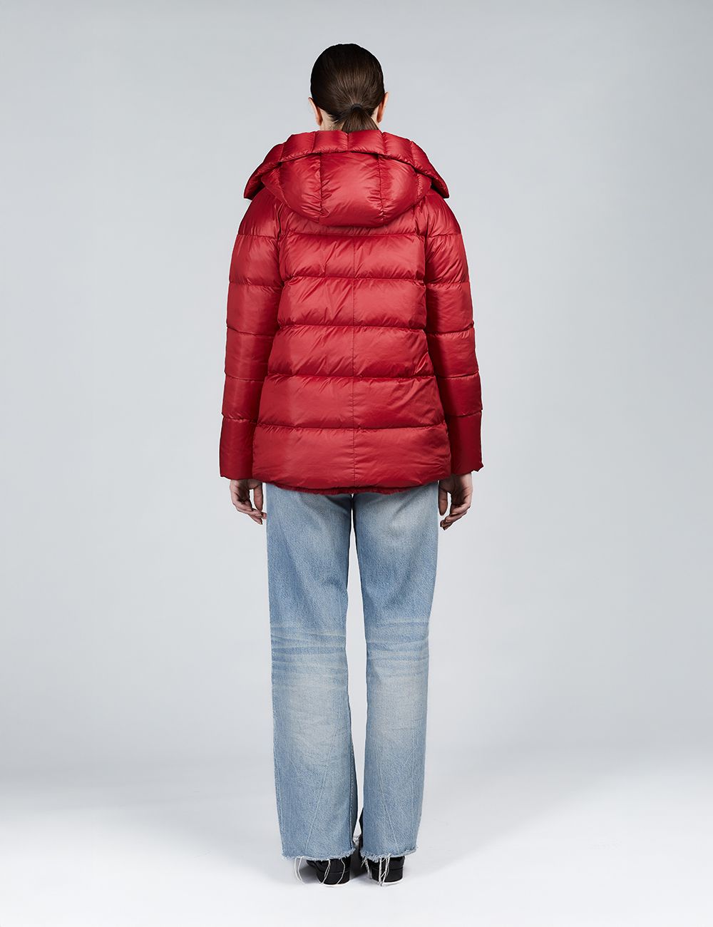 Doudoune courte avec capuche réversible en rex rouge 70cm