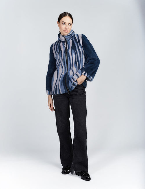 Giacca in visone pelle intera con motivi geometrici e zip blu notte 65cm