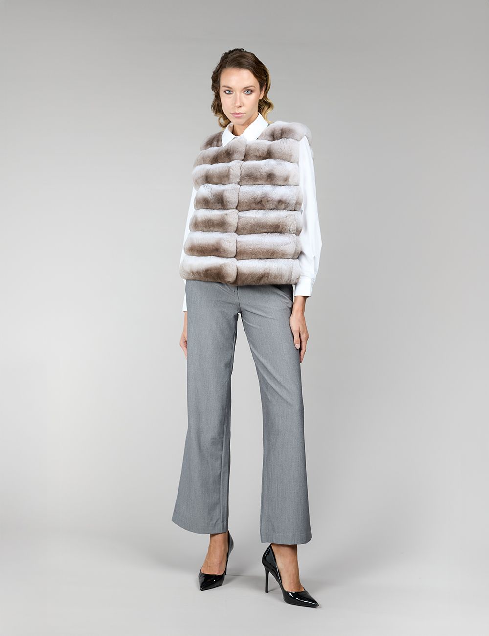Gilet in cincillà, beige, 55 cm