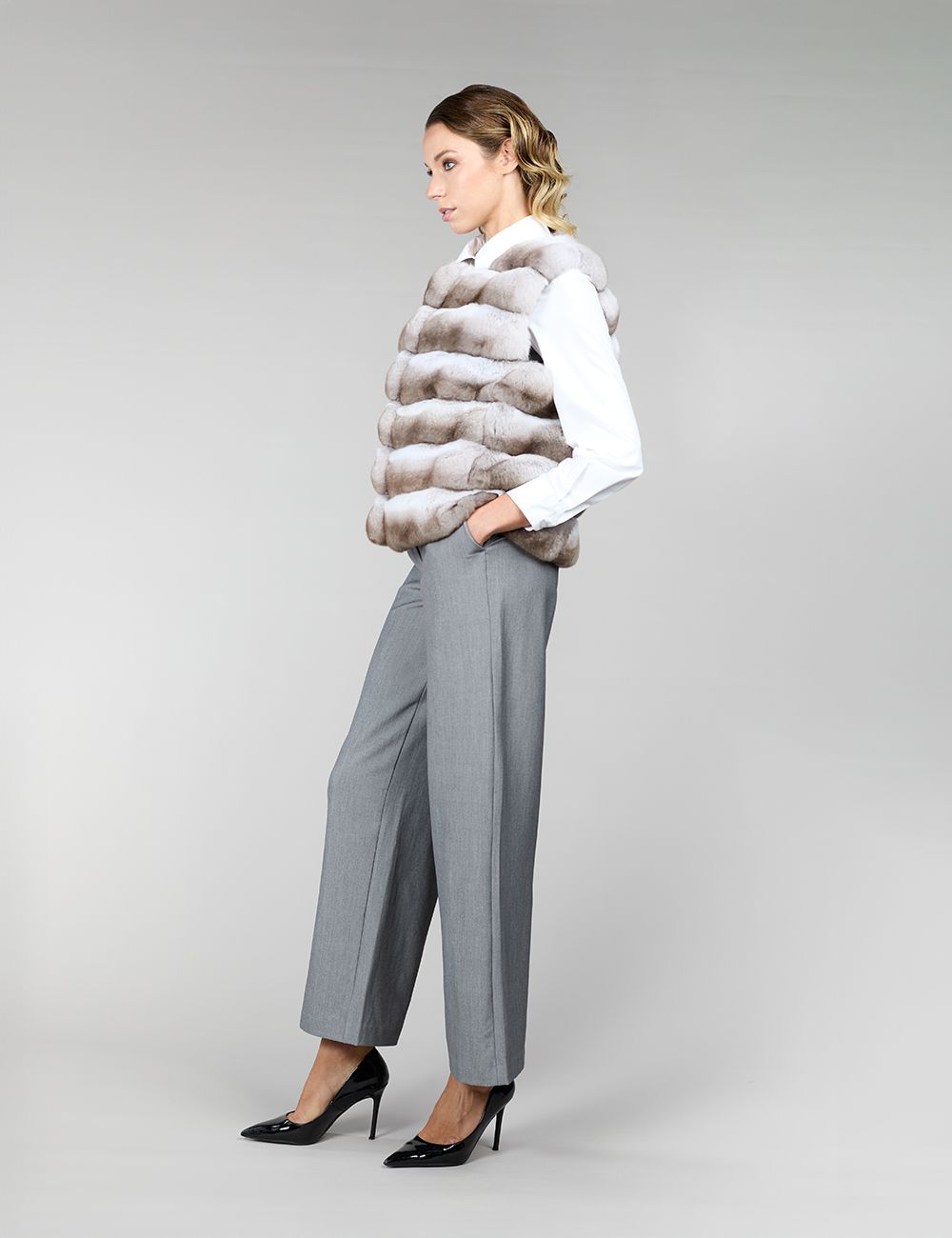 Gilet in cincillà, beige, 55 cm