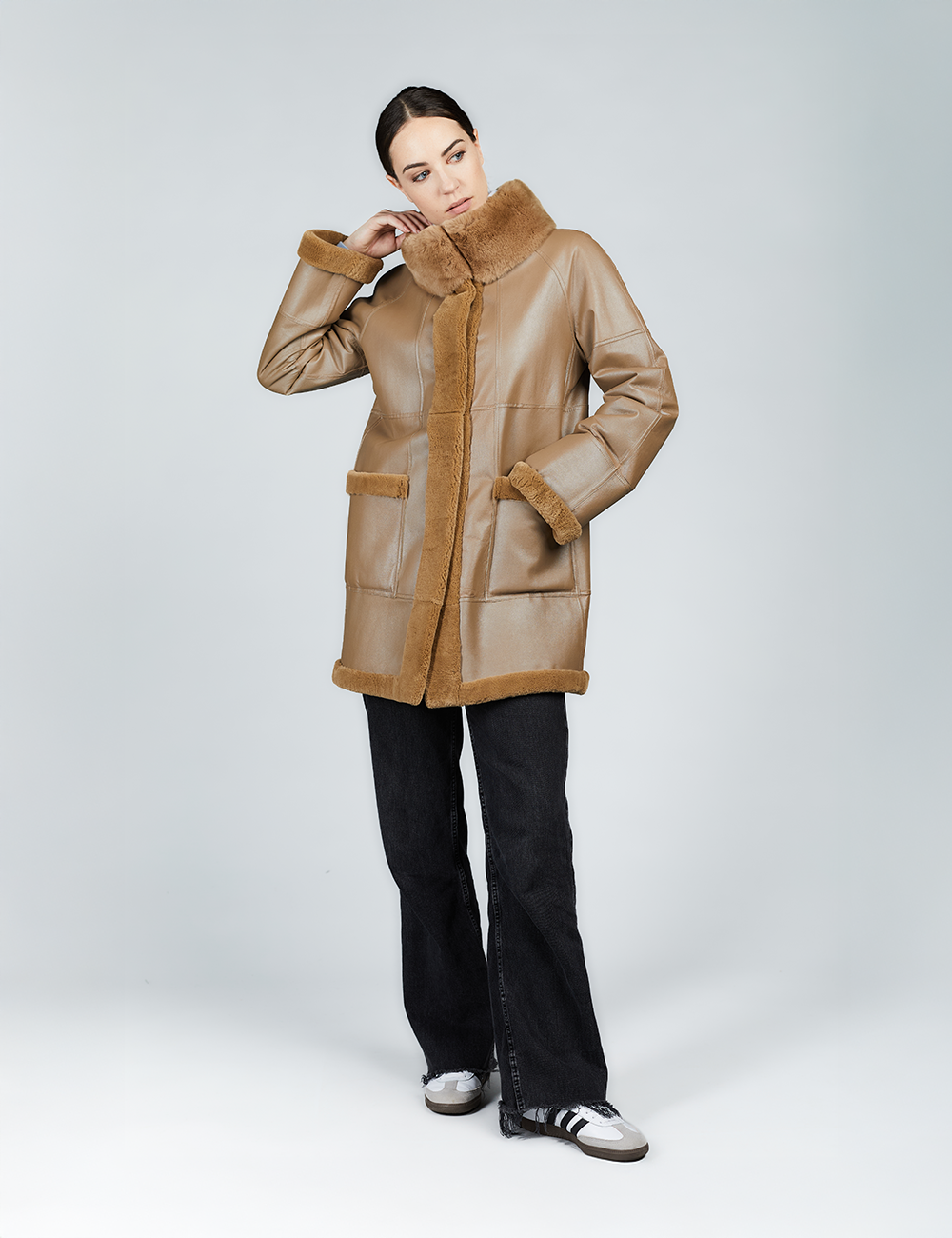Cappotto in rex reversibile con collo alto pastello 80 cm