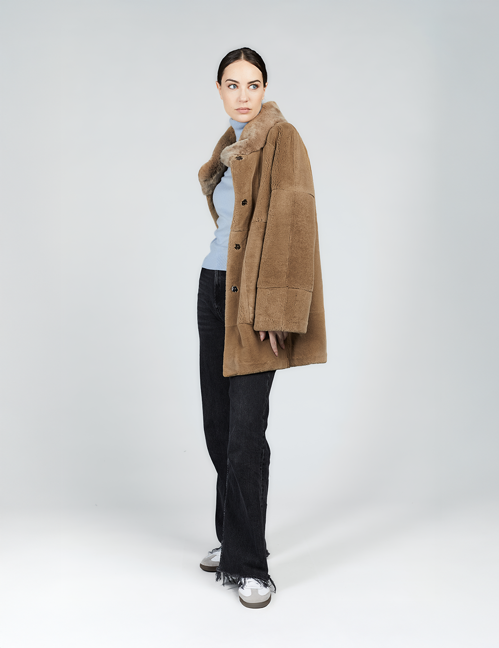 Cappotto in rex reversibile con collo alto pastello 80 cm