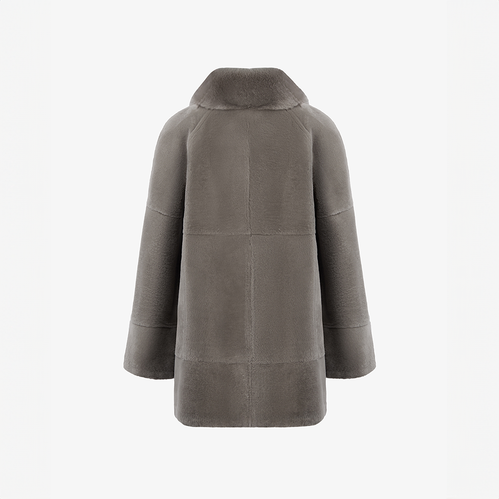 Cappotto in rex reversibile con collo alto tortora 80 cm