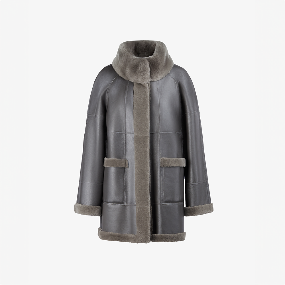 Cappotto in rex reversibile con collo alto tortora 80 cm