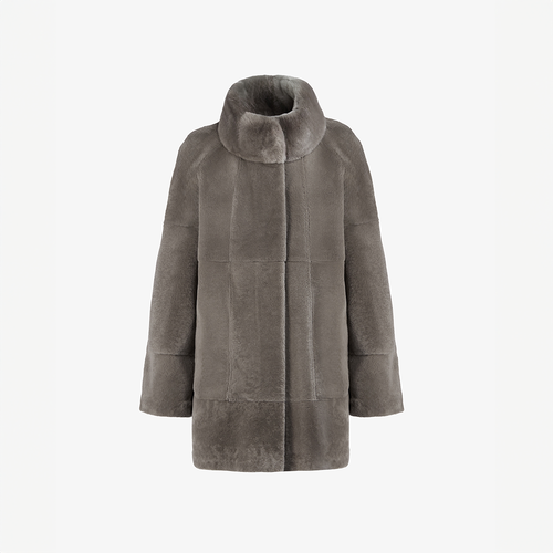 Cappotto in rex reversibile con collo alto tortora 80 cm