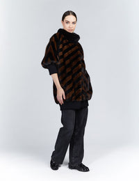 Cappotto di visone con intarsi geometrici e dettagli in lana, demi buff, 80 cm