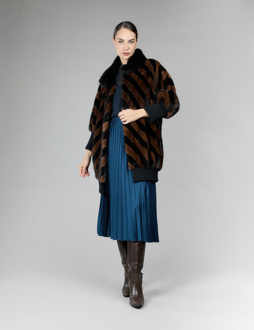 Cappotto di visone con intarsi geometrici e dettagli in lana, demi buff, 80 cm