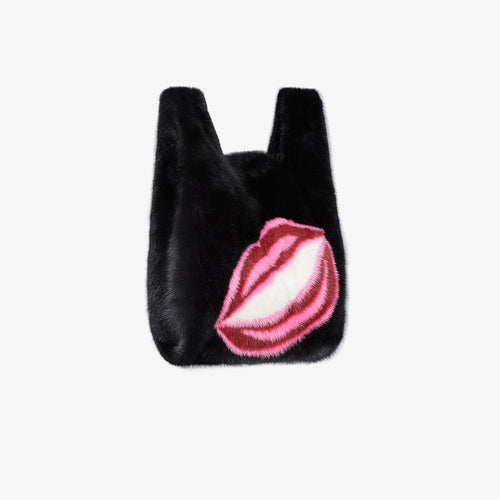Black mink handbag with inlaid design on the front.