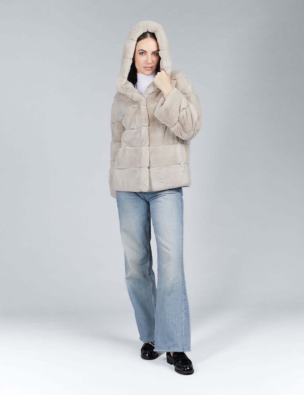 Giacca oversized in rex con cappuccio, beige, 65 cm