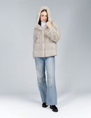 Giacca oversized in rex con cappuccio, beige, 65 cm