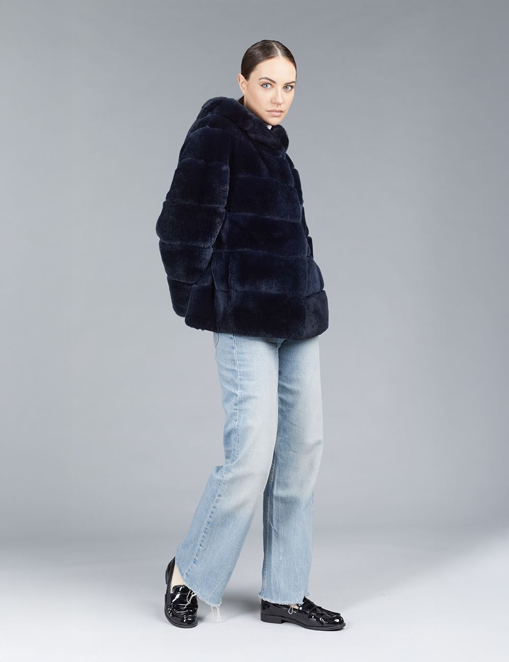 Oversized rex jacket with night blue hood, 65 cm