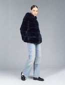Oversized rex jacket with night blue hood, 65 cm