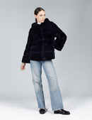 Giacca oversized in rex con cappuccio blu notte 65 cm