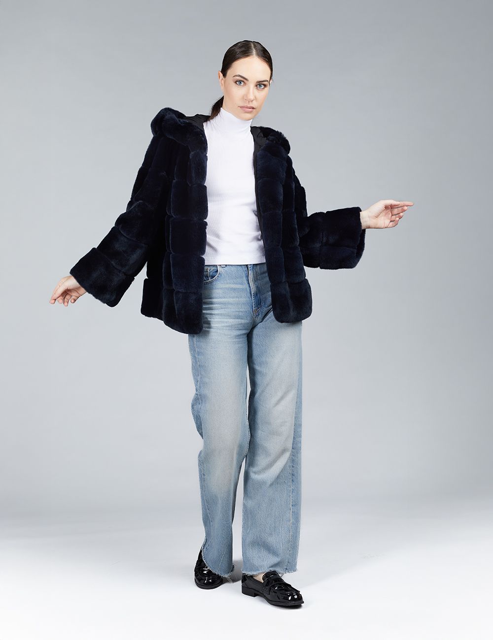 Giacca oversized in rex con cappuccio blu notte 65 cm