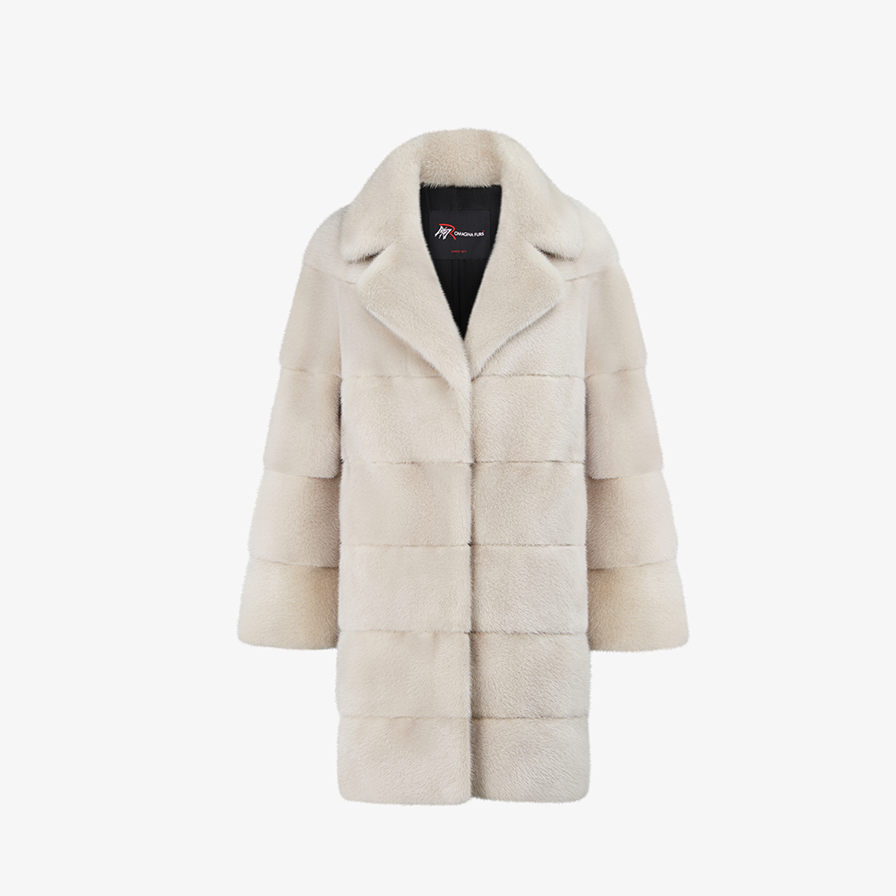 Cappotto al ginocchio di visone collo inglese beige 90 cm